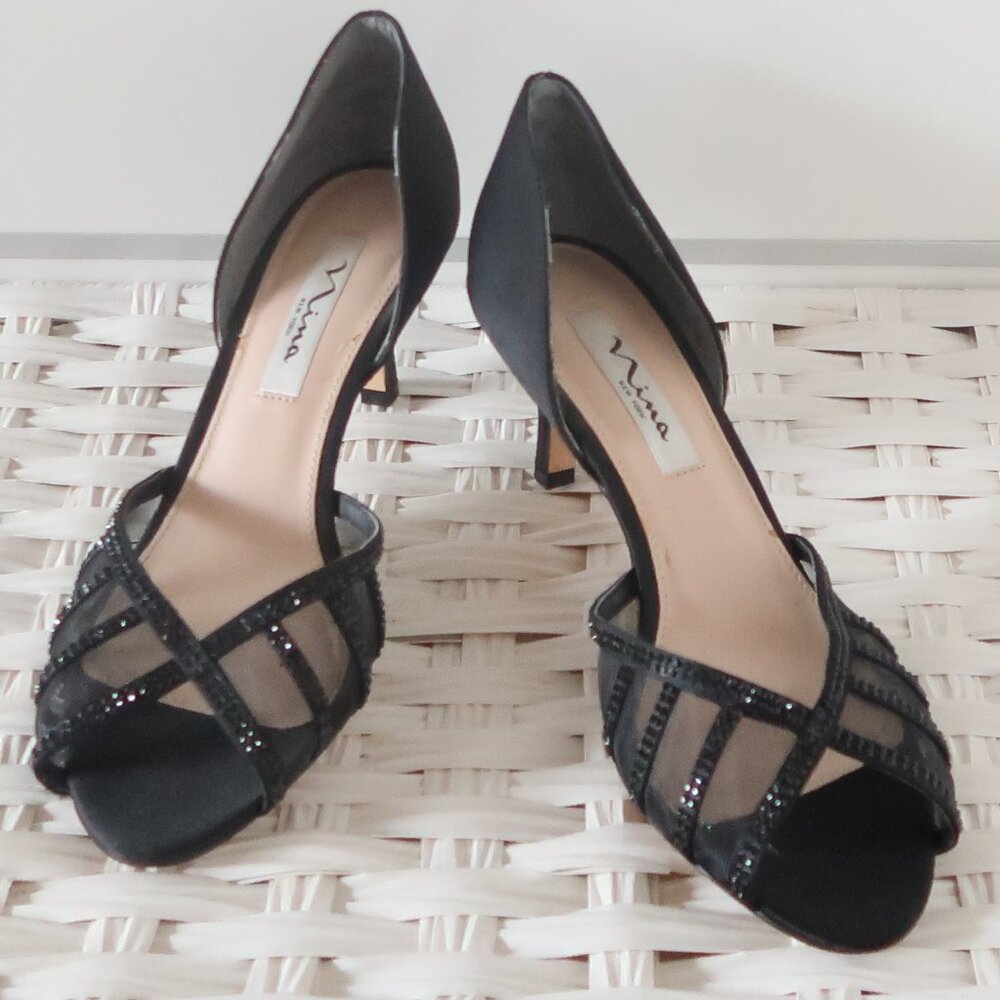 Nina Black Satin Open-Toe Heels with Sparkle Straps
